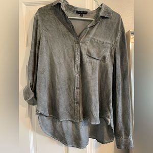 Distressed women's button up blouse